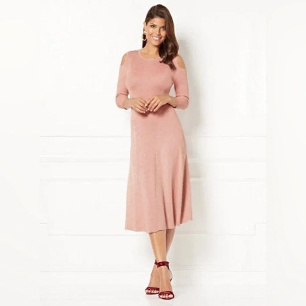 NY&C Eva Mendes Metallic Rose Gold Cold Shoulder Shimmer Knit Midi Dress Size 1X